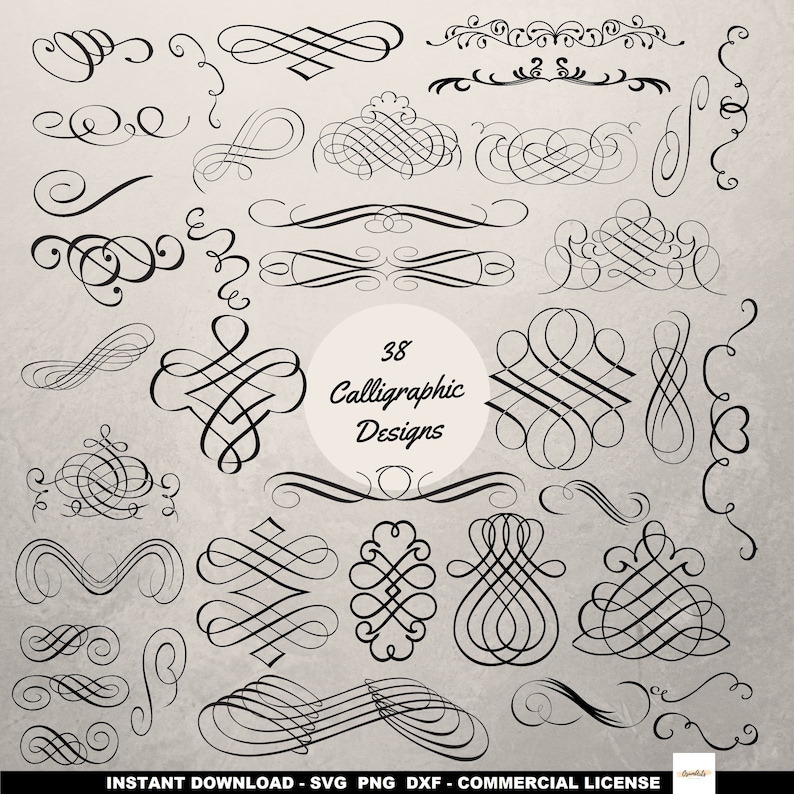 May include: A set of 38 black and white calligraphic designs. The designs are intricate and detailed, and they would be perfect for adding a touch of elegance to any project.