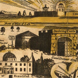 May include: A black and white illustration of a scene from the book Pilgrim's Progress. The illustration depicts a man named Christian being dragged by a giant named Despair towards a castle called Doubting Castle. The scene is set in a landscape with trees, a river, and a palace.