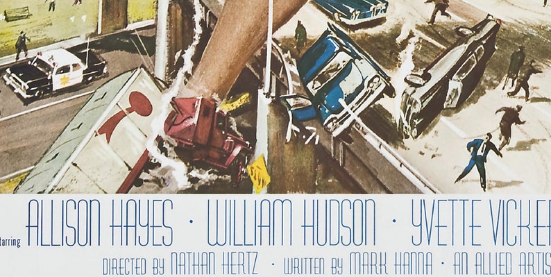 K&ouml;nnte beinhalten: Ein Filmplakat mit einem riesigen Fu&szlig;, der auf einen roten LKW und mehrere Autos tritt. Das Plakat ist f&uuml;r den Film "The Incredible Shrinking Man" mit Allison Hayes, William Hudson und Yvette Vickers. Der Text auf dem Plakat lautet "Regie: Nathan Hertz, Drehbuch: Mark Hanna, Eine Produktion von Allied Artists."