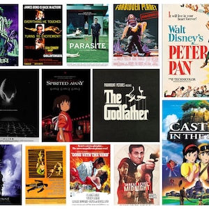 May include: A collage of movie posters featuring classic and modern films. The posters are arranged in a grid pattern and include titles such as "Beetlejuice", "Goldfinger", "Parasite", "Alien", "Spirited Away", "The Godfather", "Peter Pan", "Castle in the Sky", "Gone With the Wind", "Threat Level Midnight", and "Escaflowne".