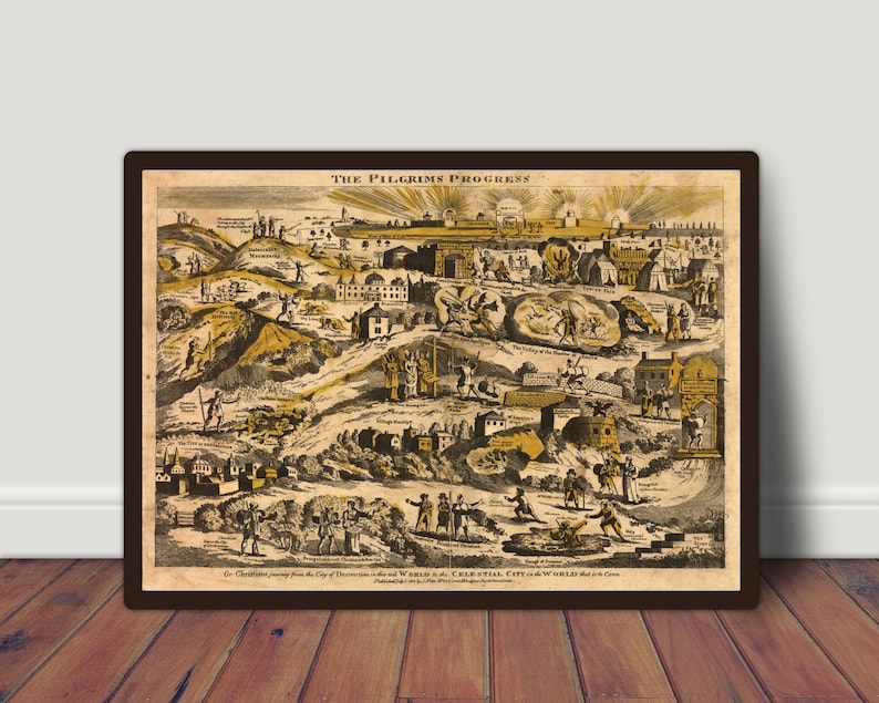 May include: A vintage illustration of "The Pilgrim's Progress" depicting a journey from the City of Destruction to the Celestial City. The image is in black and white with yellow highlights and features a winding path with various characters and scenes.