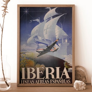 1950 Iberia Lineas Aereas Spanisholas Travel Poster, Travel Vintage Poster, Printable Retro Travel Poster, Spain Tourism Vintage Poster