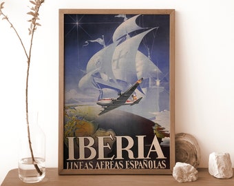 1950 Iberia Lineas Aereas Spanisholas Travel Poster, Travel Vintage Poster, Printable Retro Travel Poster, Spain Tourism Vintage Poster