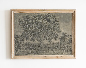 Antique Ink Sketch, Antique Classic Sketch, Farmhouse Moody Wall Art, Neutral Rustic Tree Sketch Print, Moody Country Landscape Printable