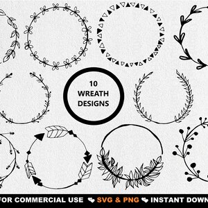 10 Hand-Drawn Floral WREATH SVG, Wreath Bundle Svg, Floral Frame Svg, Laurel Wreath Svg, Wreath Monogram svg, Circle svg, Cricut, Cut File