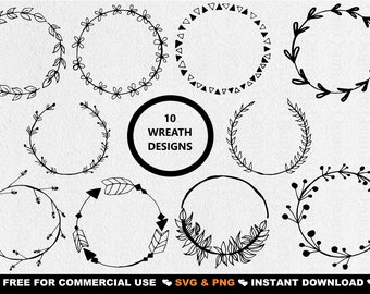10 Hand-Drawn Floral WREATH SVG, Wreath Bundle Svg, Floral Frame Svg, Laurel Wreath Svg, Wreath Monogram svg, Circle svg, Cricut, Cut File