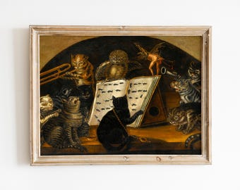 Antique Cat Painting - Owl and Cat Orchestra, Black Cat Painting, Vintage Cat Painting, Renaissance Cat Painting, Cat Printable, Cat Artwork