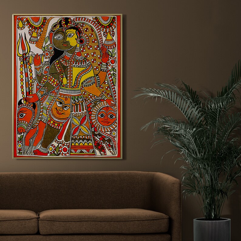 May include: A colorful painting depicting a couple in traditional Indian clothing. The painting is done in a vibrant style with intricate details and features a variety of colors, including red, yellow, green, and blue.