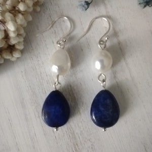 Lapis Lazuli and Pearl Dangle Earrings, Silver, Pearl and Lapis Earrings, Boho Style, Gift For Her