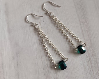 Green Swarovski Crystal Earrings, Silver Chain Earrings, Boho Style, Gift For Her