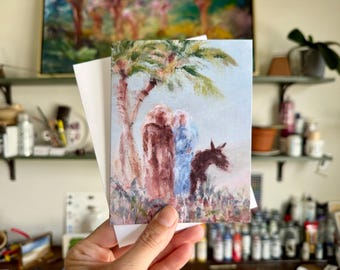 Tarjeta navideña cristiana de María y José, tarjeta de felicitación navideña religiosa con mensaje, tarjeta artística de viaje a Belén, tarjeta individual