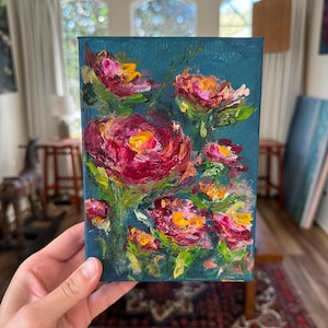 Floral Acrylic Painting On Canvas Flower Hostess Gift Small Painting Birthday Gift for Friend Original Impasto Botantical Artwork Mom Gift