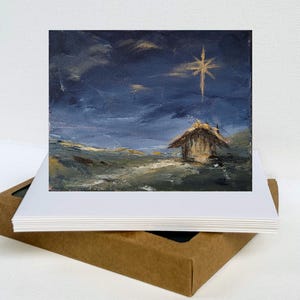 Carte de Noël de Nativité de Silent Night | crèche peinte à la main | À l'unité ou lot de 8 | Cartes de vœux chrétiennes