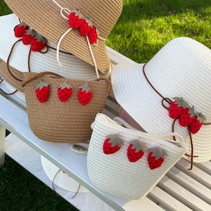 Little girls purse and hat set, strawberry purse straw beach hat toddler summer hat girls toddler girl birthday gift toddler purse easter