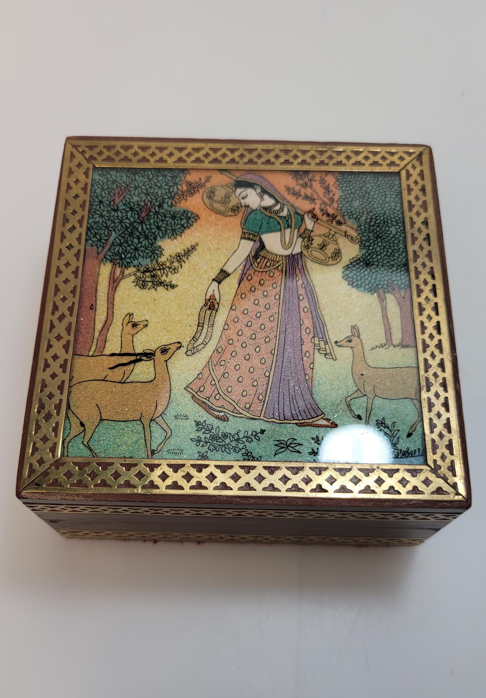 Vintage Wood Glass and Brass Trinket Box w/ Woman and Animals Pattern 2 x 4''