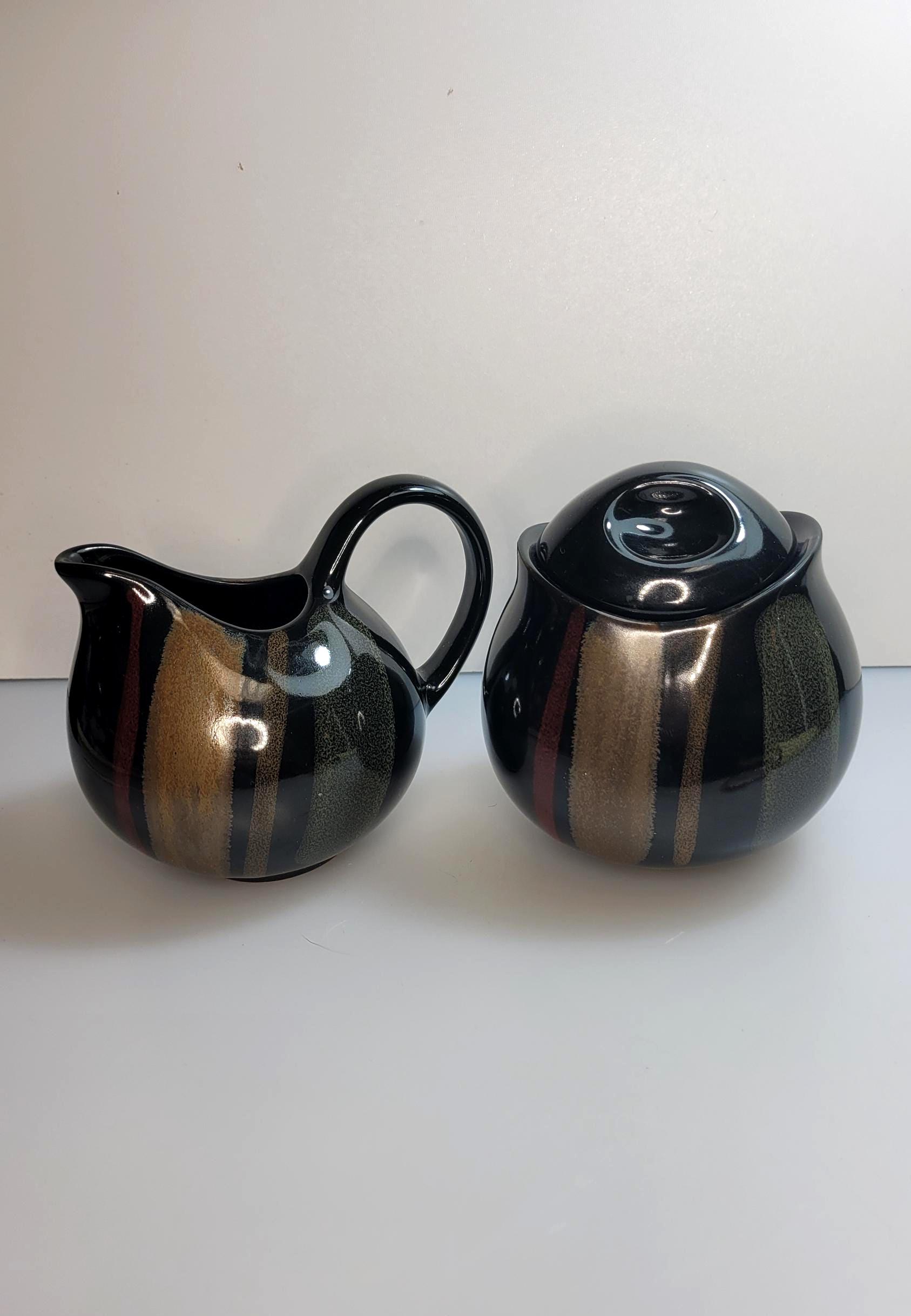 Ceramic Sango Avanti Sugar Bowl W/lid and Creamer Set Black and