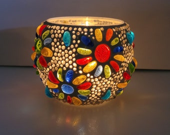 Vintage Hand Crafted Colorful Glass and Grout Flower Pattern Tealight or Votive Candle Holder 3.75''