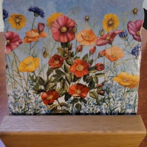 MCM Retro Coasters Vibrant Spring-time Flowers on Ceramic Tiles Cork Backing with Wooden Holder