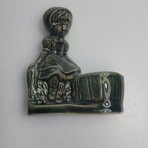 Vintage Ceramic Egg Cup Figurine Girl with Basket Green made in Brazil 5&#39;&#39;