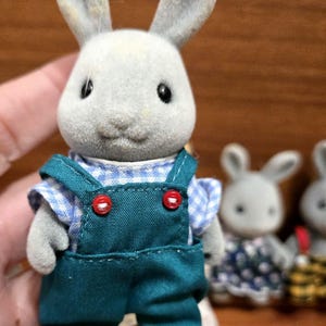 Op de afbeelding: Een grijze konijnenfiguur met een blauw-wit geruit overhemd en een tealkleurige overall met rode knopen. Andere konijnenfiguren staan op de achtergrond. Het konijn heeft lange oren en zwarte ogen.