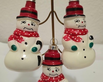Set of 3 Vintage Molded Glass Snowman Christmas Tree Ornaments