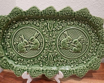 Vintage Bordallo Pinheiro Green Bunny Platter, Made in Portugal