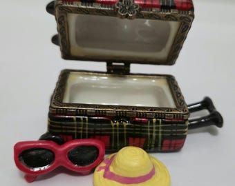 Porcelain Hinged Trinket Box Plaid Roller Suitcase Travel Hat & Sunglasses