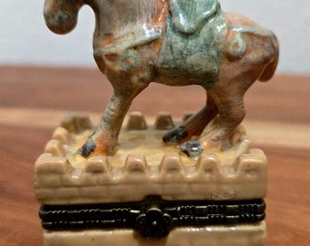 Vintage Porcelain Mythical Trojan Horse Standing on a Fortress Base Trinket Box. With Soldier Painted with a Tang Tri-color Chinese Glazed.