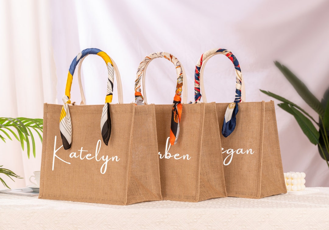 Personalized Burlap Tote Bags With Scarf Jute Bag Bridesmaid Etsy