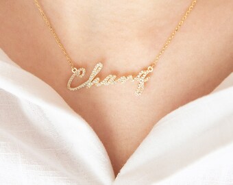 Custom Crystal Nameplate Diamond Name Necklace Tiny Women Pendant Gold Gift For Her Name Necklace CZ Zircon Gemstones Dainty Raw Gem