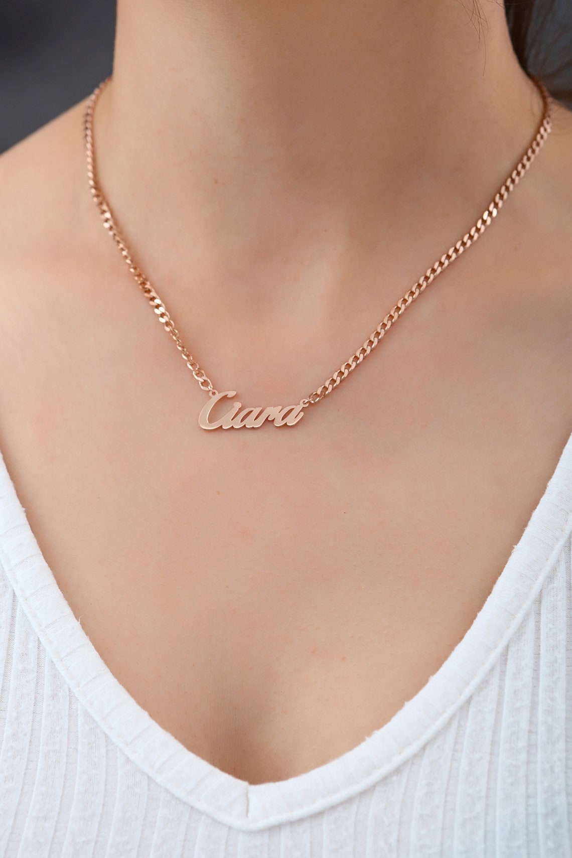 14k Solid gold curb chain name necklace Dainty nameplate Etsy