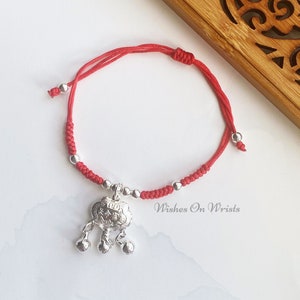 Red String Bracelet/Necklace/Anklet, Silver Longevity Lock Bells Charm Bracelet, Red Wishes Lucky Protection Bracelet, Lunar New Year Gift