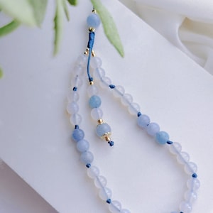 Correa para teléfono, abalorio para teléfono, cadena para teléfono con ágata blanca aguamarina, pulsera de cristal curativo para teléfono, pulsera de cristal, regalo con piedra natal de marzo