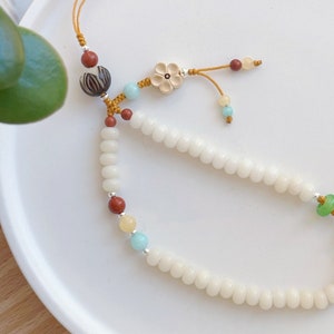 Phone Strap, Natural White Bodhi Root Bead Phone Chain, Carving Flower Charm Phone Lanyard, Healing Energy Meditation Bracelet, Gift for Her