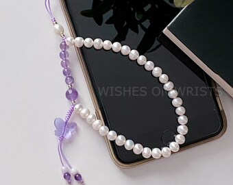 Phone Strap | Real Pearl Phone Chain | Healing Crystal Amethyst Beaded Phone Lanyard | Phone Wristlet | Butterfly Charm | Birthstone Gift