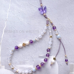 Correa para teléfono, cadena para teléfono con cristales curativos, amatista, aguamarina, ágata blanca, cordón con perlas reales, pulsera para teléfono Y2K, regalo para ella