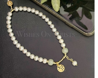 Phone Strap | Real Pearl Phone Chain | HeTian Jade Beaded Phone Lanyard | Phone Wristlet | Gold Fillled Lucky Charm | Hanfu Accessory | Gift