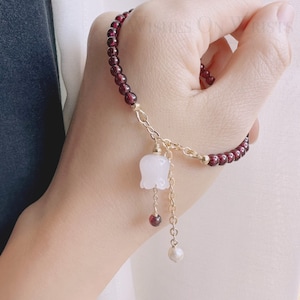 Garnet Bracelet, White Jade Lily of the Vally Charm Bracelet, Healing Meditation Anxiety Stress Relief Bracelet, Lucky Wish Bracelet, Gift