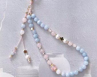 Phone Strap | Healing Crystal Phone Chain | Aquamarine | Rose Quartz | Freshwater Pearl Beads Lanyard | Y2K Phone Wristlet | Gift for Her