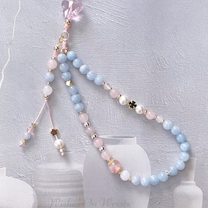 Correa para teléfono / Cadena para teléfono con cristales curativos / Aguamarina / Cuarzo rosa / Cordón de perlas de agua dulce / Pulsera para teléfono Y2K / Regalo para ella