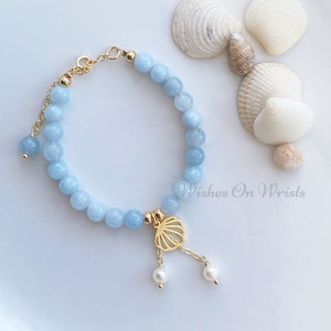 Aquamarine Bracelet, Aquamarine Bracelet w. Gold-Filled Shell Charm & Freshwater Pearl, Healing Energy Bracelet, March Birthstone Bracelet