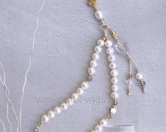 Phone Strap, Freshwater Pearl Phone Chain, Crystal Bead Phone Charm, Phone Wristlet, Butterfly Phone Charm, Y2K Charm, June Birthstone Gift