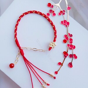 Red String Bracelet, 14K Gold Filled Peach Flower Bracelet, Red Lucky Wishes Bracelet, Bracelet for Protection, Hanfu Bracelet, Girl's Gift image 2