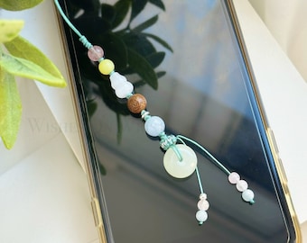 Phone Charm | Healing Crystal Phone Grip | Light Green Jade Peace Buckle Phone Strap | Vintage Cellphone Case Charm | Hanfu Accessory | Gift
