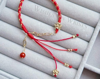 Bracelet ficelle rouge, bracelet fleur de pêcher rempli d'or 14 carats, bracelet voeux de chance rouge, bracelet de protection, bracelet Hanfu, cadeau pour fille