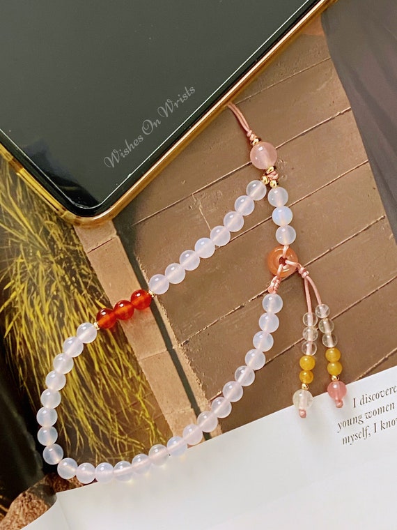 Dragonne Pour Téléphone Portable Avec Perles En Quartz Rose Et Agate - Bijou Accessoire Cadeau Pour Femme
