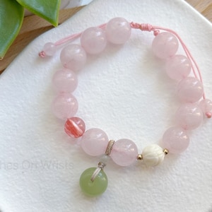 Grade A++ Madagascar Rose Quartz Crystal Bead Bracelet 12mm, Green Jade Donut Buckle Charm Bracelet, Hanfu Jewelry, Healing Crystal Bracelet