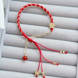 Red String Bracelet, 14K Gold Filled Peach Flower Bracelet, Red Lucky Wishes Bracelet, Bracelet for Protection, Hanfu Bracelet, Girl's Gift image 7