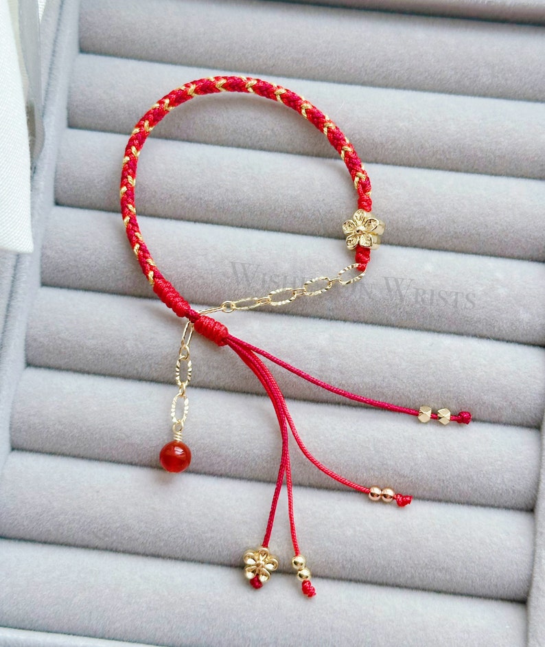 Red String Bracelet, 14K Gold Filled Peach Flower Bracelet, Red Lucky Wishes Bracelet, Bracelet for Protection, Hanfu Bracelet, Girl's Gift image 7