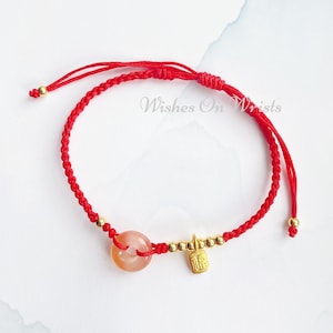 Red String Bracelet/Anklet, Red Wish Lucky Bracelet w. Pink Agate Peace Buckle/Donut Charm & Gold-plated Fortune Charm, Protection Bracelet
